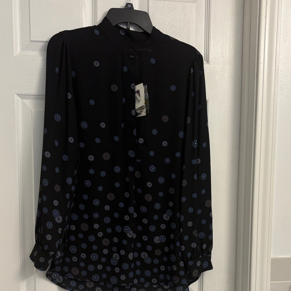Anne Klein Black Button-Down Blouse with Blue Dot Medallions